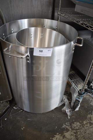 3 BRAND NEW SCRATCH AND DENT! Stock Pots Including 471SP60QT Choice 60 Qt. Standard Weight Aluminum Stock Pot, 471SP100QT Choice 100 Qt. Standard Weight Aluminum Stock Pot, 171SP200QTHD Choice Stock Pot. 3 Times Your Bid!