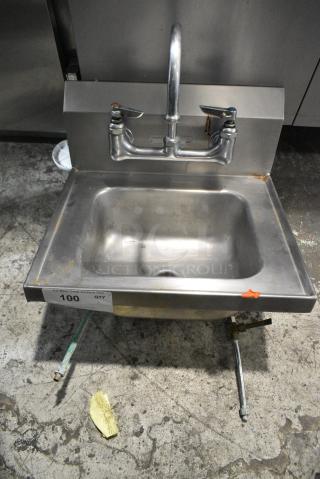 Stainless Steel Single Bay Wall Mount Sink w/ Faucet and Handles.