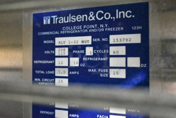 Traulsen RLT 1-32 WUT Stainless Steel Commercial 2 Half Size Door Reach In Cooler. 115 Volts, 1 Phase. Cannot Test - Unit Was Previously Hardwired - Image 8 of 10