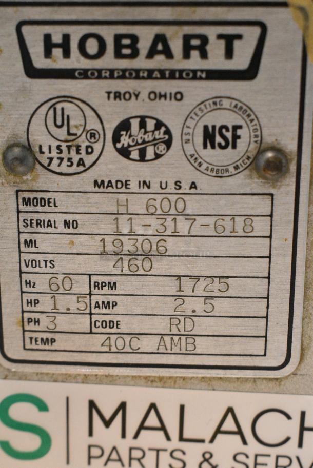 Hobart H 600 Metal Commercial Floor Style 60 Quart Planetary Dough Mixer w/ Stainless Steel Mixing Bowl, Bowl Guard. 460 Volts, 3 Phase. - Image 5 of 11