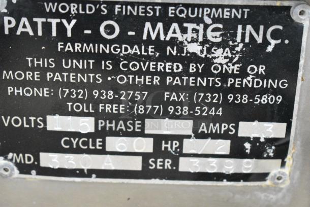Patty-O-Matic 330A Metal Commercial Countertop Patty Forming Machine. 115 Volts, 1 Phase. Tested and Working! - Image 7 of 8