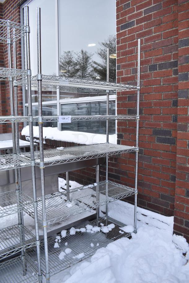 Chrome Finish 5 Tier Wire Shelving Unit. BUYER MUST DISMANTLE. PCI CANNOT DISMANTLE FOR SHIPPING. PLEASE CONSIDER FREIGHT CHARGES. - Image 1 of 3