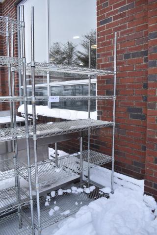 Chrome Finish 5 Tier Wire Shelving Unit. BUYER MUST DISMANTLE. PCI CANNOT DISMANTLE FOR SHIPPING. PLEASE CONSIDER FREIGHT CHARGES.