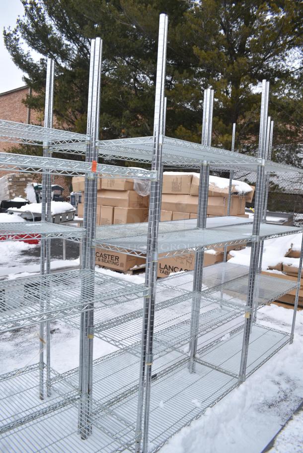 Chrome Finish 4 Tier Wire Shelving Unit. BUYER MUST DISMANTLE. PCI CANNOT DISMANTLE FOR SHIPPING. PLEASE CONSIDER FREIGHT CHARGES. - Image 1 of 3