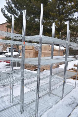 Chrome Finish 4 Tier Wire Shelving Unit. BUYER MUST DISMANTLE. PCI CANNOT DISMANTLE FOR SHIPPING. PLEASE CONSIDER FREIGHT CHARGES.