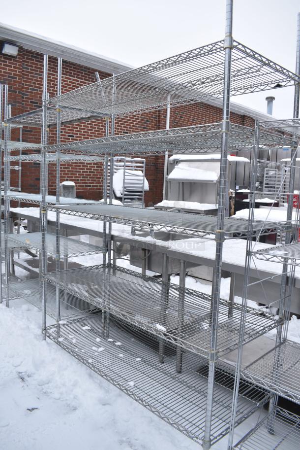 Chrome Finish 5 Tier Wire Shelving Unit. BUYER MUST DISMANTLE. PCI CANNOT DISMANTLE FOR SHIPPING. PLEASE CONSIDER FREIGHT CHARGES. - Image 1 of 4