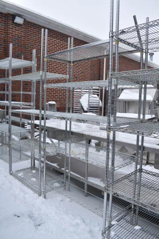 Chrome Finish 5 Tier Wire Shelving Unit. BUYER MUST DISMANTLE. PCI CANNOT DISMANTLE FOR SHIPPING. PLEASE CONSIDER FREIGHT CHARGES.