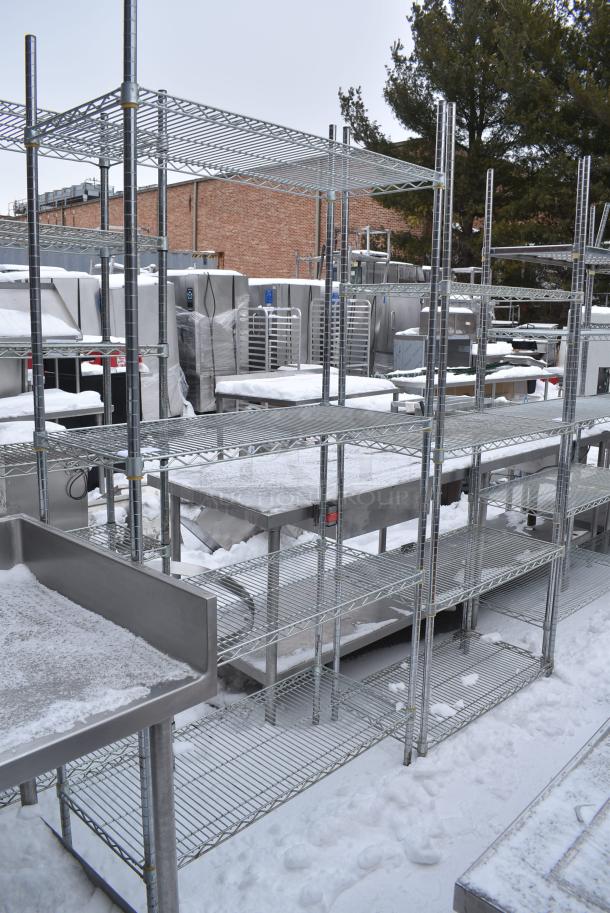 Chrome Finish 4 Tier Wire Shelving Unit. BUYER MUST DISMANTLE. PCI CANNOT DISMANTLE FOR SHIPPING. PLEASE CONSIDER FREIGHT CHARGES. - Image 1 of 4