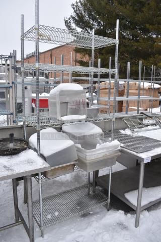 Chrome Finish 5 Tier Wire Shelving Unit w/ Contents Including Poly Bins. BUYER MUST DISMANTLE. PCI CANNOT DISMANTLE FOR SHIPPING. PLEASE CONSIDER FREIGHT CHARGES.