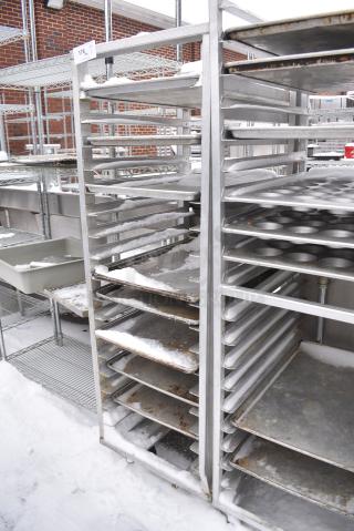 Metal Pan Transport Rack on Commercial Casters w/ 7 Metal Baking Pans.