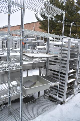 Chrome Finish 5 Tier Wire Shelving Unit w/ Contents. BUYER MUST DISMANTLE. PCI CANNOT DISMANTLE FOR SHIPPING. PLEASE CONSIDER FREIGHT CHARGES.