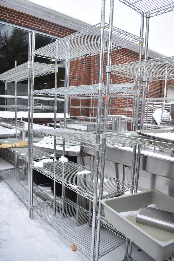 Chrome Finish 5 Tier Wire Shelving Unit. BUYER MUST DISMANTLE. PCI CANNOT DISMANTLE FOR SHIPPING. PLEASE CONSIDER FREIGHT CHARGES. - Image 1 of 4