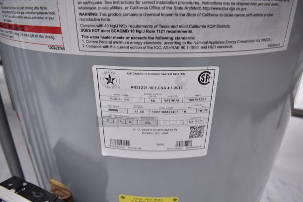 2018 AO Smith GCG-50 400 Metal Natural Gas Powered Automatic Storage Water Heater. 40,000 BTU. - Image 4 of 4