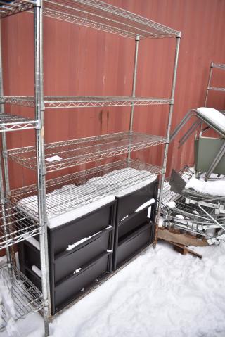 Chrome Finish 5 Tier Wire Shelving Unit w/ Contents. BUYER MUST DISMANTLE. PCI CANNOT DISMANTLE FOR SHIPPING. PLEASE CONSIDER FREIGHT CHARGES.