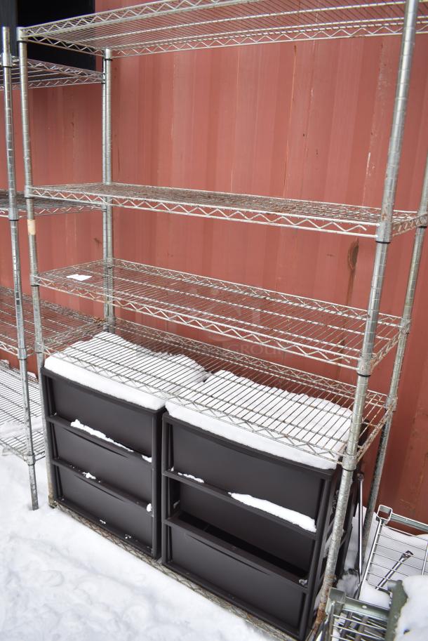 Chrome Finish 5 Tier Wire Shelving Unit w/ Contents. BUYER MUST DISMANTLE. PCI CANNOT DISMANTLE FOR SHIPPING. PLEASE CONSIDER FREIGHT CHARGES. - Image 2 of 5