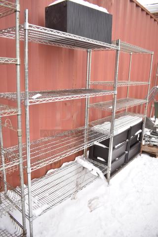 Chrome Finish 4 Tier Wire Shelving Unit w/ Contents. BUYER MUST DISMANTLE. PCI CANNOT DISMANTLE FOR SHIPPING. PLEASE CONSIDER FREIGHT CHARGES.