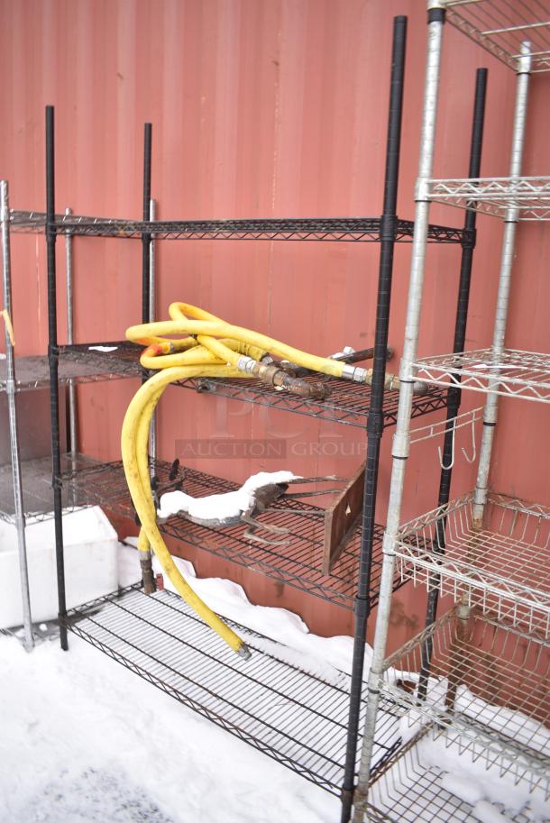 Black Finish 4 Tier Wire Shelving Unit w/ Contents Including Gas Hoses. BUYER MUST DISMANTLE. PCI CANNOT DISMANTLE FOR SHIPPING. PLEASE CONSIDER FREIGHT CHARGES. - Image 2 of 4