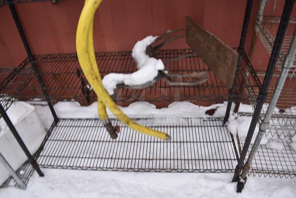 Black Finish 4 Tier Wire Shelving Unit w/ Contents Including Gas Hoses. BUYER MUST DISMANTLE. PCI CANNOT DISMANTLE FOR SHIPPING. PLEASE CONSIDER FREIGHT CHARGES. - Image 3 of 4