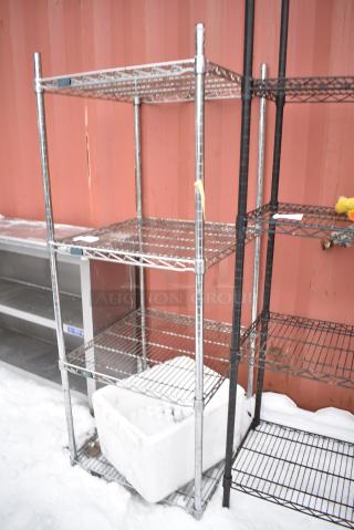 Chrome Finish 4 Tier Wire Shelving Unit w/ Contents. BUYER MUST DISMANTLE. PCI CANNOT DISMANTLE FOR SHIPPING. PLEASE CONSIDER FREIGHT CHARGES.