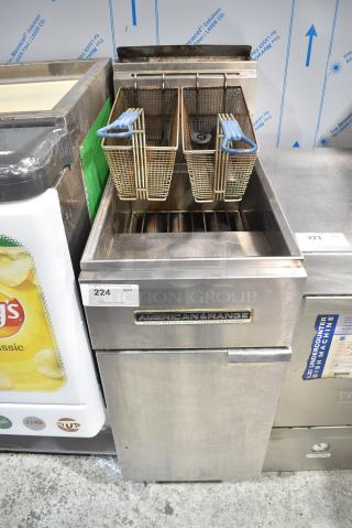 American Range AF-35/50 Stainless Steel Commercial Floor Style Natural Gas Powered Deep Fat Fryer w/ 2 Metal Fry Baskets. 40,000 BTU.