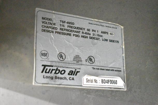 Turbo Air TSF-49SD Stainless Steel Commercial 2 Door Reach In Freezer w/ Poly Coated Racks on Commercial Casters. 115 Volts, 1 Phase. Tested and Does Not Power On - Image 7 of 7