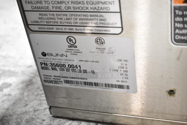 2019 Bunn MHG Stainless Steel Countertop Coffee Bean Grinder Base. 120 Volts, 1 Phase. Tested and Powers On But Parts Do Not Move - Image 7 of 7