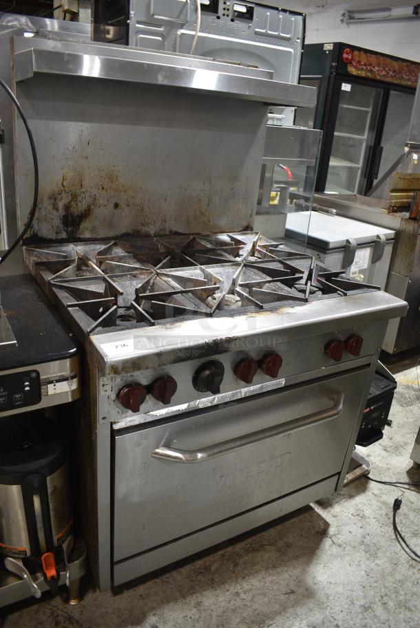 Vulcan Stainless Steel Commercial Natural Gas Powered 6 Burner Range w/ Oven, Over Shelf and Back Splash. - Image 1 of 5