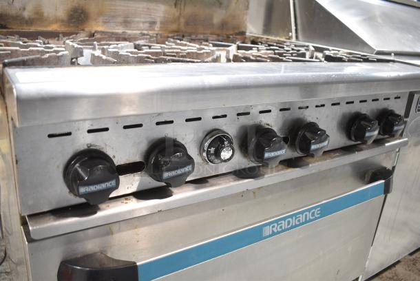 Radiance Stainless Steel Commercial Natural Gas Powered 6 Burner Range w/ Oven, Over Shelf and Back Splash on Commercial Casters. - Image 4 of 8