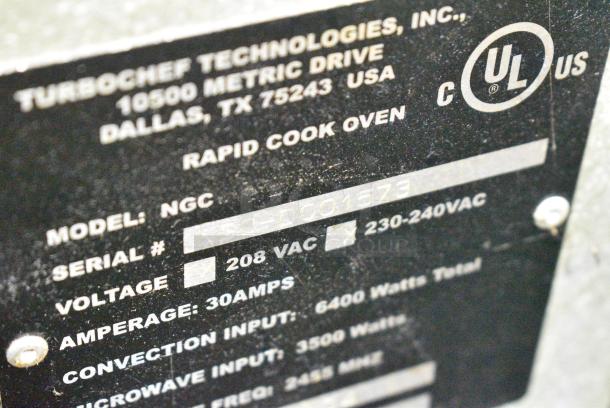Turbochef NGC Stainless Steel Commercial Countertop Electric Powered Rapid Cook Oven. 208/240 Volts, 1 Phase. - Image 8 of 8