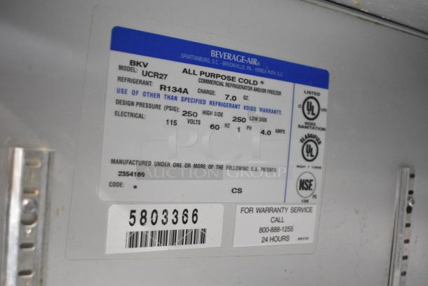 Beverage Air UCR27 Stainless Steel Commercial Single Door Undercounter Cooler. 115 Volts, 1 Phase. Tested and Working! - Image 5 of 5