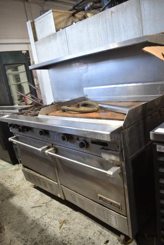 Garland H284-36G Stainless Steel Commercial Propane Gas Powered Flat Top Griddle, 4 Burner Range, 2 Ovens, Over Shelf and Back Splash on Commercial Casters.