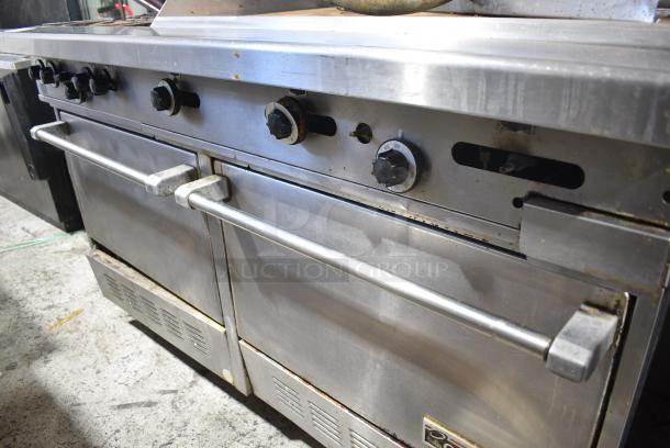 Garland H284-36G Stainless Steel Commercial Propane Gas Powered Flat Top Griddle, 4 Burner Range, 2 Ovens, Over Shelf and Back Splash on Commercial Casters. - Image 7 of 12