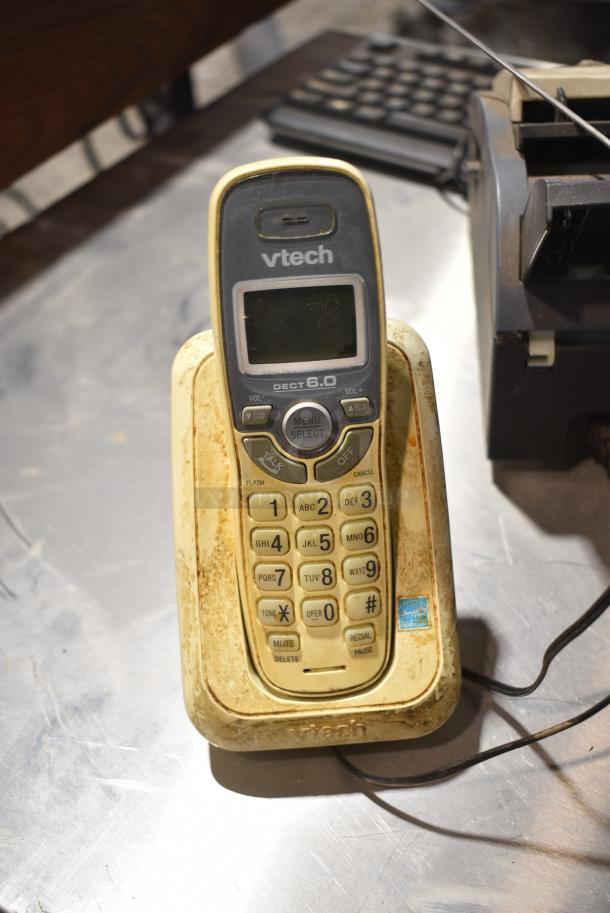 ALL ONE MONEY! Lot of Various Items Including HP Keyboard, Brother Fax Machine, Vtech Phone on Base, and Blue Basket - Image 7 of 9