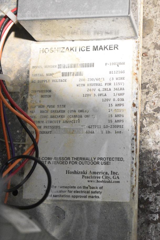 Hoshizaki F-1001MWH Stainless Steel Commercial Ice Machine Head. 208/230 Volts, 1 Phase. - Image 3 of 3