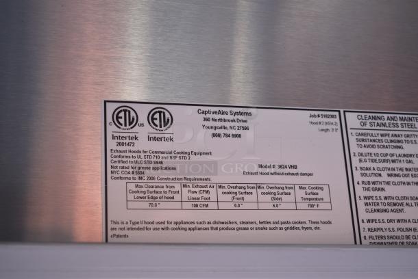 BRAND NEW SCRATCH AND DENT! CaptiveAire 3624 VHB Stainless Steel Commercial Steam Hood - Image 7 of 7