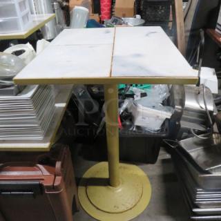 One Heavy Marble Type Bar Height Table Top On A Pedestal Base. 24X30X42.5