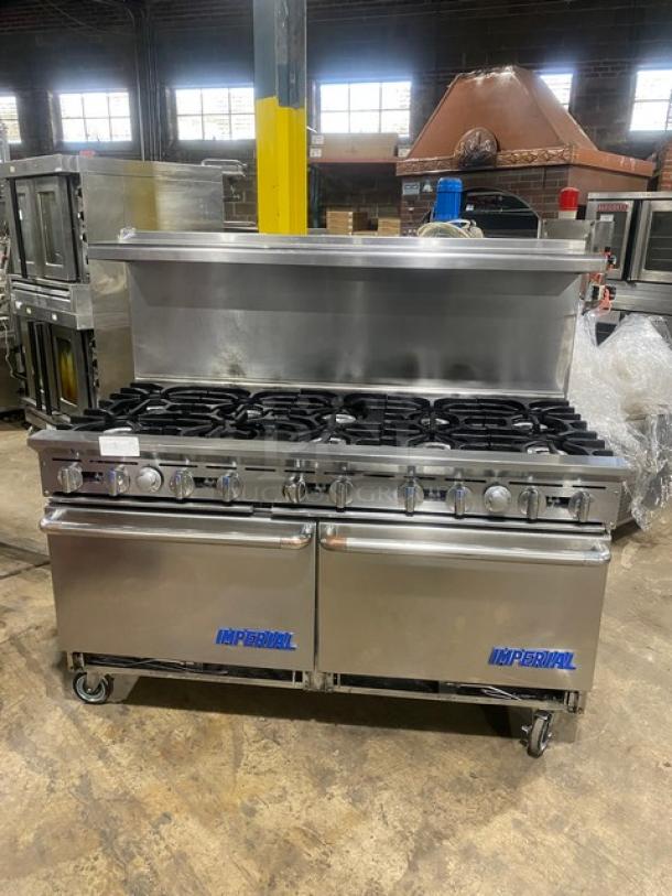 Imperial Commercial Stainless Steel Natural Gas Powered 10 Burner Range/Double Oven Combo! With Back Splash & Overhead Salamander Shelf! With Wired Oven Racks! On Casters! - Image 1 of 10
