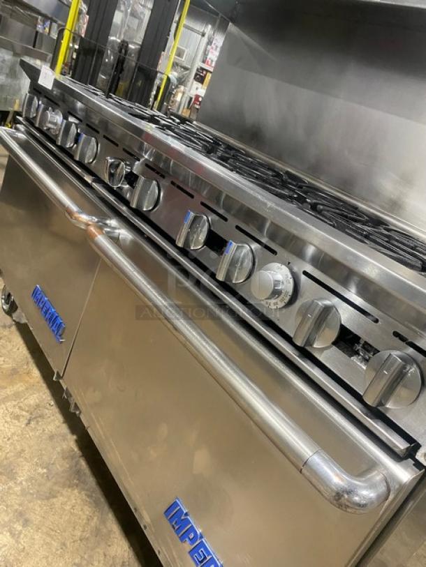 Imperial Commercial Stainless Steel Natural Gas Powered 10 Burner Range/Double Oven Combo! With Back Splash & Overhead Salamander Shelf! With Wired Oven Racks! On Casters! - Image 9 of 10
