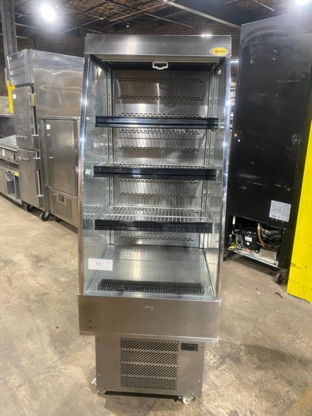 Omcan Commercial Stainless Steel Vertical Self-Contained Refrigerated Open Grab-N-Go Multi-Level Merchandiser Display Case! With LED Lighting & Pull-Down Night Curtain! With Adjustable Chrome Plated Wire Tier Racks! Model: 25825 SN: 2582531651110038! 110V 1 Phase! On Casters! - Image 1 of 8