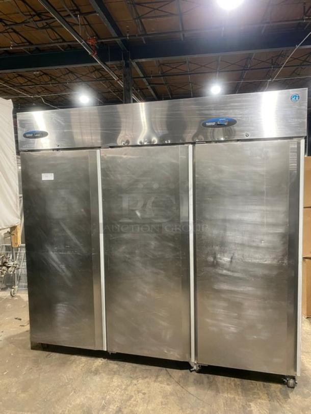 Hoshizaki Commercial Stainless Steel Solid 3 Door Reach In Refrigerator! With Poly Coated Wire Racks! Model: CR3S-FSCL SN: F70019J! 115V 1 Phase! On Casters! - Image 1 of 11
