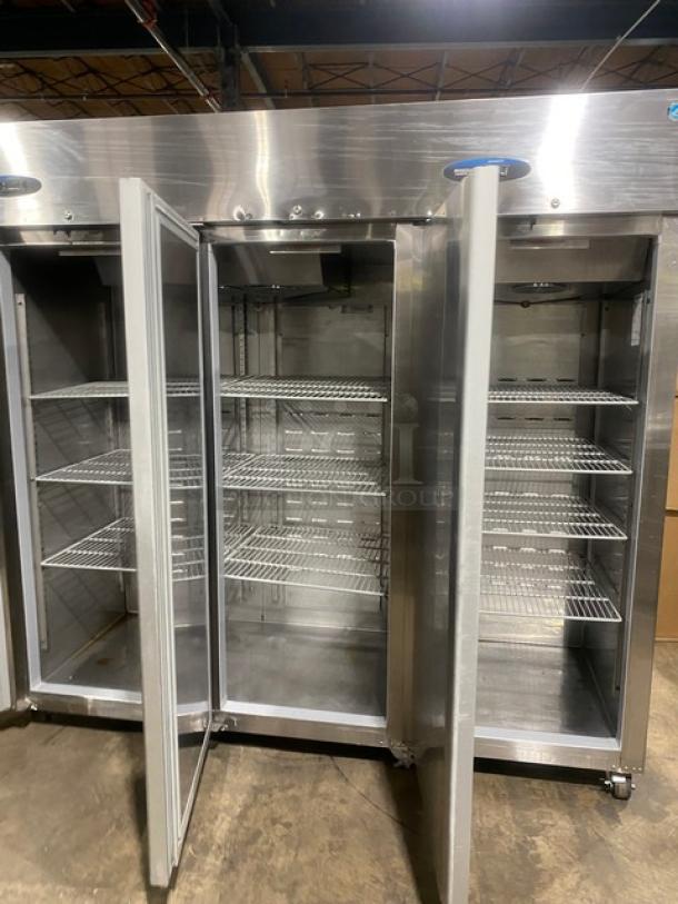 Hoshizaki Commercial Stainless Steel Solid 3 Door Reach In Refrigerator! With Poly Coated Wire Racks! Model: CR3S-FSCL SN: F70019J! 115V 1 Phase! On Casters! - Image 5 of 11