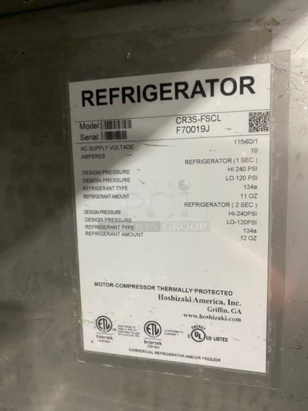 Hoshizaki Commercial Stainless Steel Solid 3 Door Reach In Refrigerator! With Poly Coated Wire Racks! Model: CR3S-FSCL SN: F70019J! 115V 1 Phase! On Casters! - Image 9 of 11