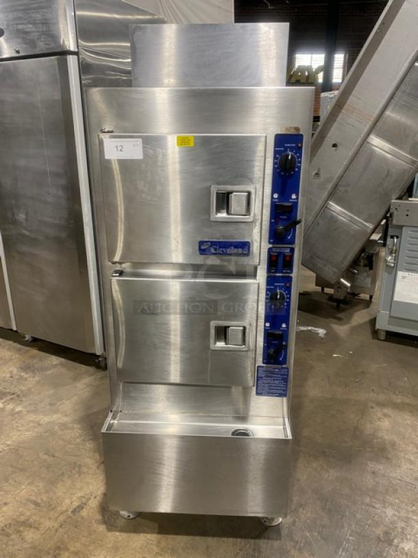 Cleveland Range Enodis Series Commercial Stainless Steel Natural Gas Powered Dual Compartment Convection Steamer! With SureCook Controls! With Built In Pan Holding Racks! Model: 24CGA6.2S SN: WC 87823-04I-01! 120V 1 Phase! On Legs! - Image 1 of 10