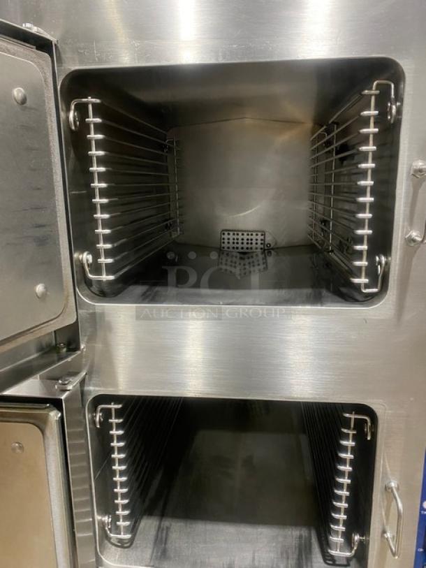Cleveland Range Enodis Series Commercial Stainless Steel Natural Gas Powered Dual Compartment Convection Steamer! With SureCook Controls! With Built In Pan Holding Racks! Model: 24CGA6.2S SN: WC 87823-04I-01! 120V 1 Phase! On Legs! - Image 5 of 10