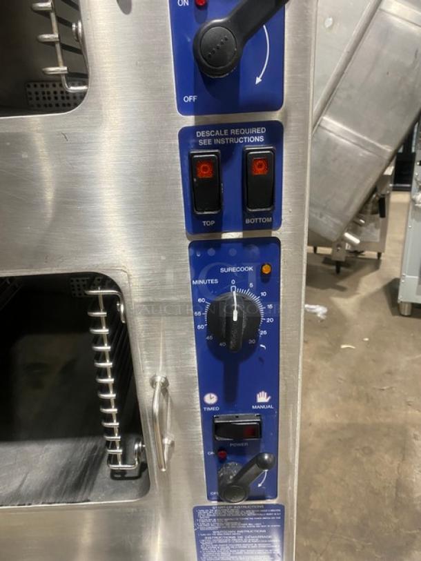 Cleveland Range Enodis Series Commercial Stainless Steel Natural Gas Powered Dual Compartment Convection Steamer! With SureCook Controls! With Built In Pan Holding Racks! Model: 24CGA6.2S SN: WC 87823-04I-01! 120V 1 Phase! On Legs! - Image 8 of 10