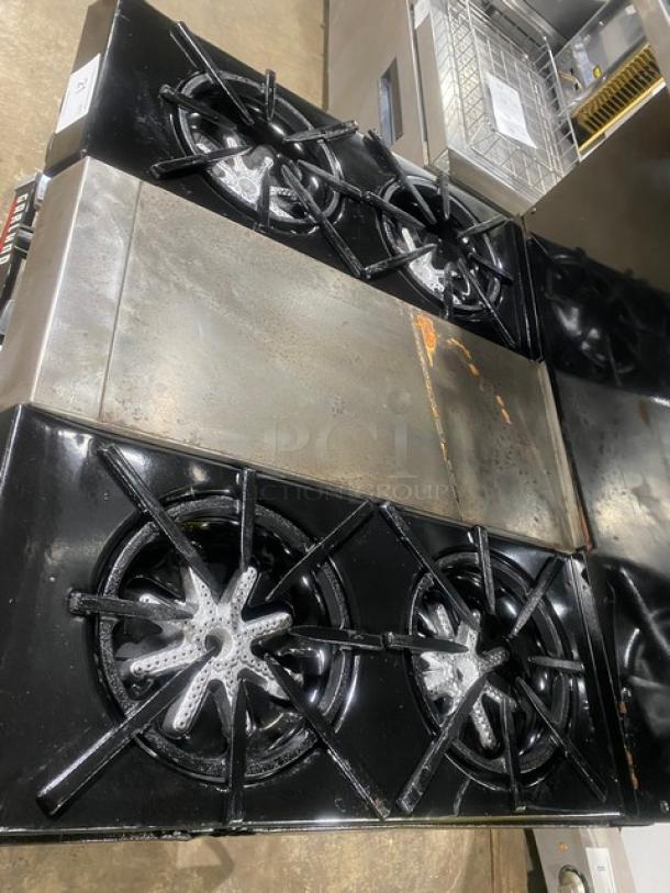Garland Commercial Stainless Steel Natural Gas Powered 4 Burner Range/Center Flat Griddle & Oven Combo! With Back Splash & Garland Natural Gas Powered Overhead Salamander Broiler/Cheese Melter! On Legs! - Image 5 of 10