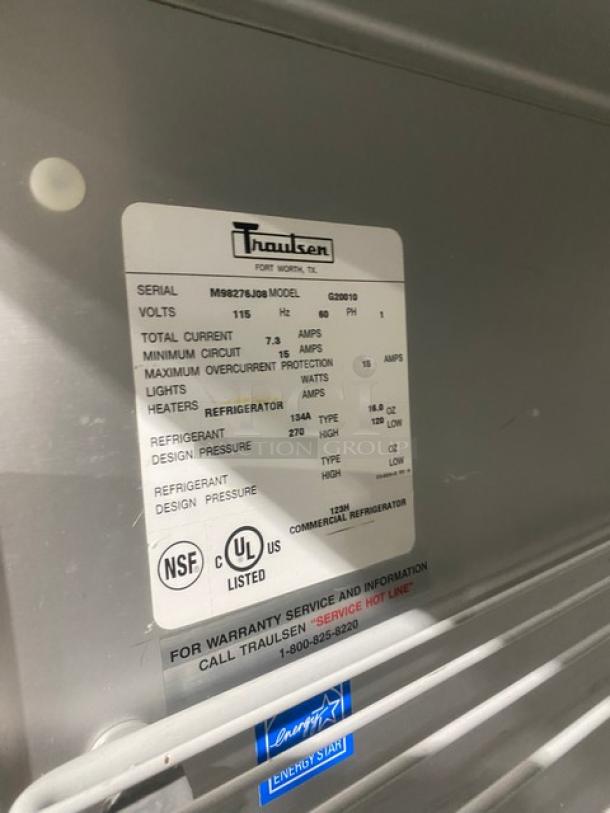 Traulsen Commercial Stainless Steel Solid 2 Door Reach In Refrigerator! Energy Star Certified! With Poly Coated Wire Racks! Model: G20010 SN: M98276J08! 115V 1 Phase! On Casters! - Image 8 of 10