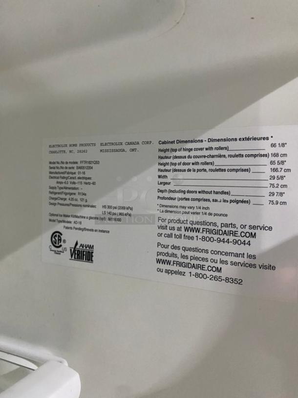 Frigidaire By Electrolux Home Products Commercial Stainless Steel Dual Section Reach In Refrigerator/Freezer Combo! With Clear Drawers & Adjustable Shelves! Model: FFTR1821QS3 SN: BA60512204! 115V 1 Phase! - Image 8 of 9