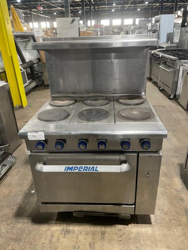 Imperial Commercial Stainless Steel Electric Powered 6 Burner Hot Plate Range/Oven Combo! With Back Splash & Overhead Salamander Shelf! With Wired Oven Rack! - Image 1 of 8