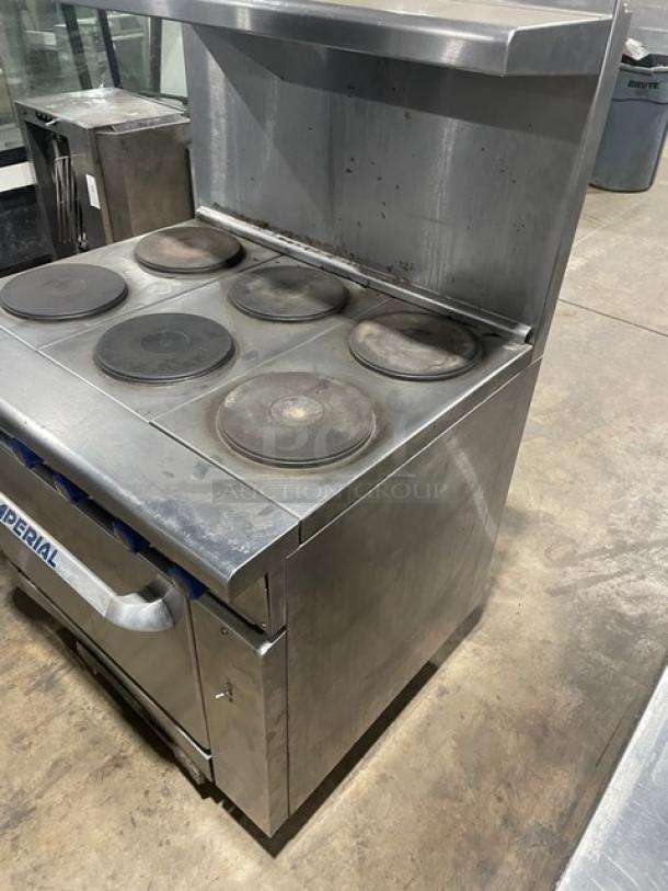 Imperial Commercial Stainless Steel Electric Powered 6 Burner Hot Plate Range/Oven Combo! With Back Splash & Overhead Salamander Shelf! With Wired Oven Rack! - Image 2 of 8